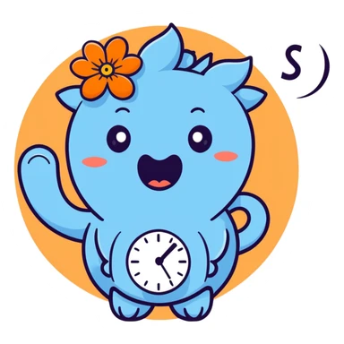 pastel blue hyacinth flower with alarmed eyes and a screaming mouth, waving a tiny alarm clock, fluffy and round sticker
