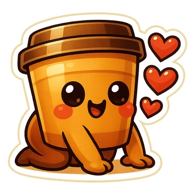 Tall coffee cup, bowing on knees, gushing with love, worship sticker