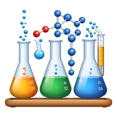An icon featuring chemical powders, a test tube, and molecular structures, symbolizing chemistry. The design includes chemical formulas, beakers, and a periodic table, representing chemical reactions and experimentation. Transparent background sticker