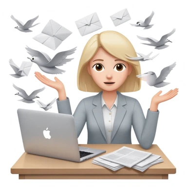 tired woman sitting at a desk with a MacBook, holding her arms out to the side, surrounded by lots of flying papers sticker