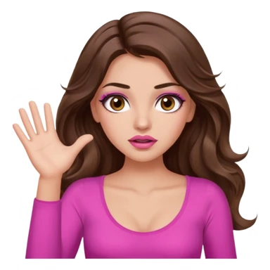 girl with long wavy brown hair, brown eyes, long lashes makeup, sexy pink lips, light to medium complexion, pink sexy top, two hands up, shrugging, confused sticker