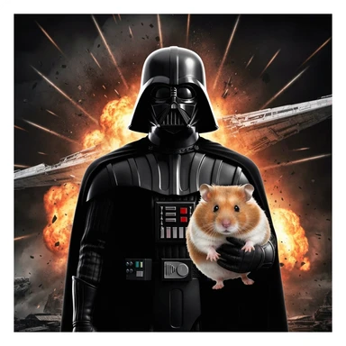 Extreme Closeup Photo of a darth vader holding big hamster, low key light, explosion startship background with leading lines, back light, spot light sticker