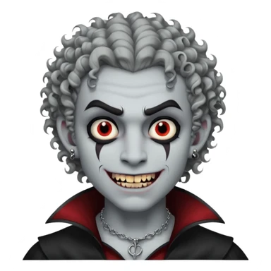 Vampire with grey skin, fanged teeth, piercings on eyebrow, two dermal piercings on cheek, and curly hair male sticker