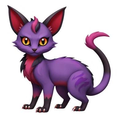 Black edgy Noivern-Noibat-Purloin-Torracat-Lykoi-Caracal-cat-Fakemon-fusion-hybrid-creature with violet and red scale markings sticker