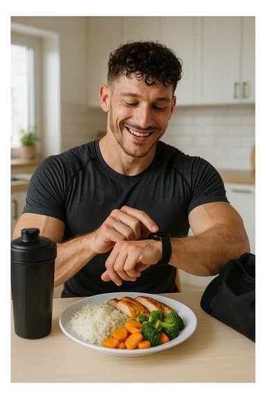 a fit man in his 30s, still in gym clothes and slightly sweaty, sits at a kitchen table right after a workout. In front of him is a balanced meal with a generous portion of rice, pasta, or potatoes, along with lean protein and vegetables. He checks his watch or a fitness app, smiling with satisfaction as he times his post-workout meal. The background is a bright, modern kitchen, with a shaker bottle and gym bag visible. in italiano sticker