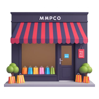 friendly storefront with striped awning and shopping bags at the entrance, pastel colors sticker