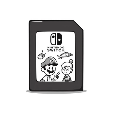 A hand-drawn Nintendo Switch game cartridge with game characters sketched on the label sticker
