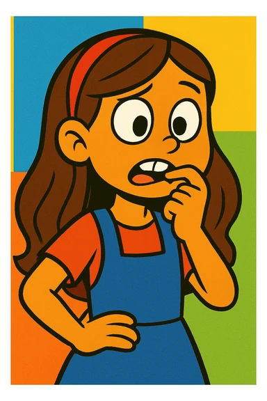 colorful cartoon of a young girl with long brown hair biting her nail sticker