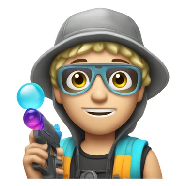 Caucasian boy in rave gear with mask and hat and shooting a bubble gun sticker