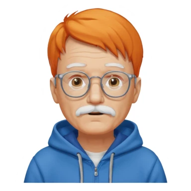 old man, orange hair, white mustache, wearing glasses, wearing a blue hoodie sticker