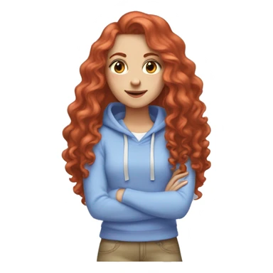 a white girl with long red curly hair, wearing a pastel periwinkle hoodie doing a pose sticker