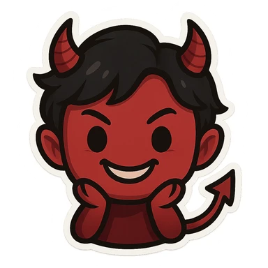 devil emoji in chibi style with gothic palette black and red, small horns, mischievous grin sticker