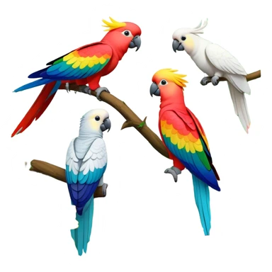 Close-up collage of vibrant Ara parrots and Inca cockatoos sitting on tree branches, surrounded by lush greenery. Bright colors of the birds stand out against a natural, sunny background of trees and flowers. Transparent background. sticker