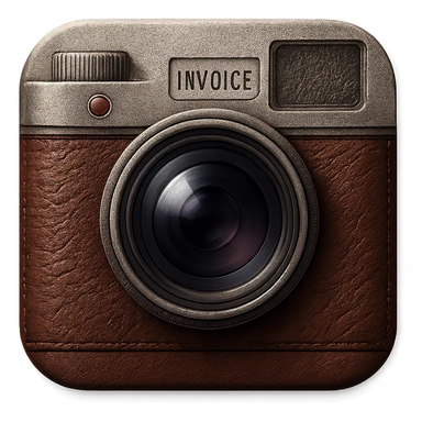 skeuomorphic app icon for an invoice app, designed as a vintage camera with leather and metal details, realistic textures, rich materials, tactile three-dimensional look sticker