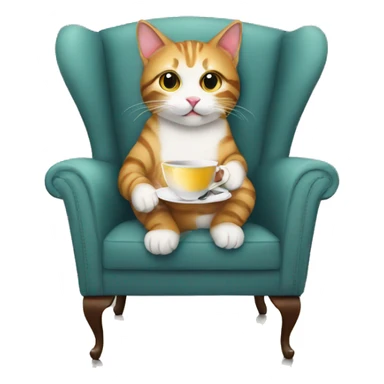 cat drinking tea looking at camera sitting in a chair sticker