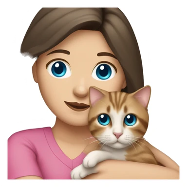 White woman with blue eyes and long dark hair wearing a pink shirt and holding a tabby cat sticker