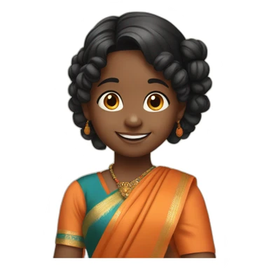 smiling and pointing 3 years old dark skin indian girl with black curly hair in pigtails wearing a orange saree sticker
