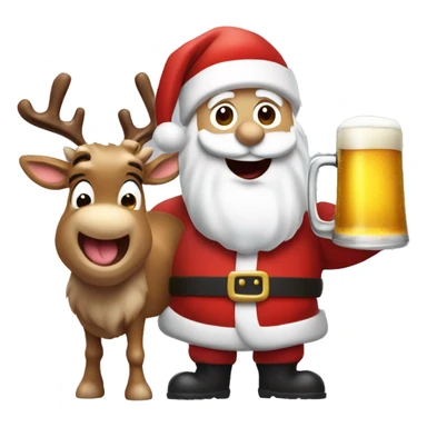Excited  Santa's white skin face sticking out tongue and rudolph holding beers with sled sticker