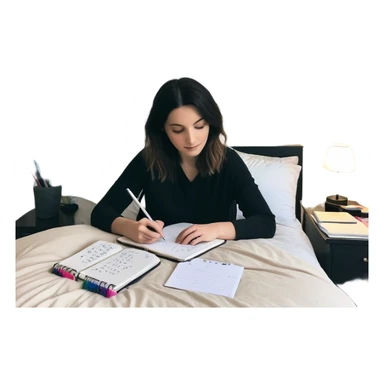 A person stands in a slightly messy room, mid-action—one hand writing a brain dump, the other smoothing out a freshly made bed. Three glowing notes are pinned nearby, marking their top priorities. A planner asks, “How can I make this easier?” Their face shows focus—not stress—activated sticker