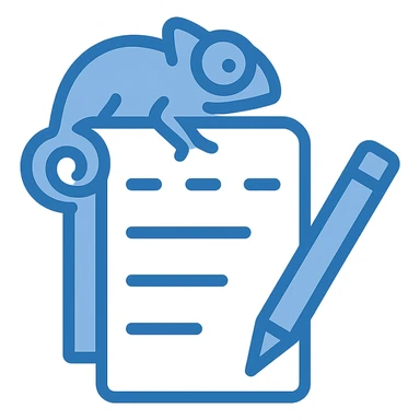 Reimagine the Notepad++ icon in a flat, modern blue style consistent with previous icons. Use almost exclusively shades of blue, with a fully transparent background. The icon should feature a notepad with a blue chameleon (stylized, simple) on top, and a blue pencil, all in clean, simple lines. Minimal use of other colors, prioritize clarity and consistency with the other icons. sticker