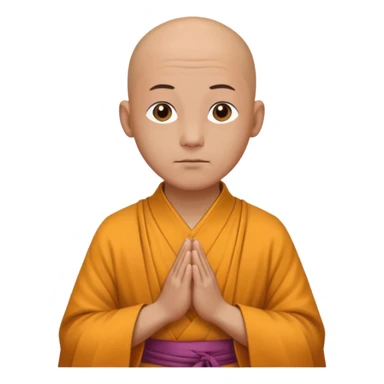A bald monk wearing traditional robes, calm expression, hands clasped, in a serene setting sticker