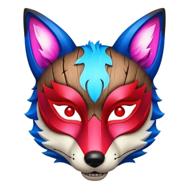 Ancient wooden mask, split in half, luminous and neon with red, blue and pink fox-like glow. sticker