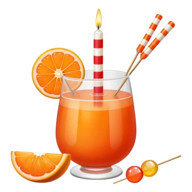 An orange grapefruit, with a horizontal red stripe around the middle. 4 vertical cocktail sticks in the orange with small pieces of candy on the sticks. On top of the orange a small white lit candle. sticker