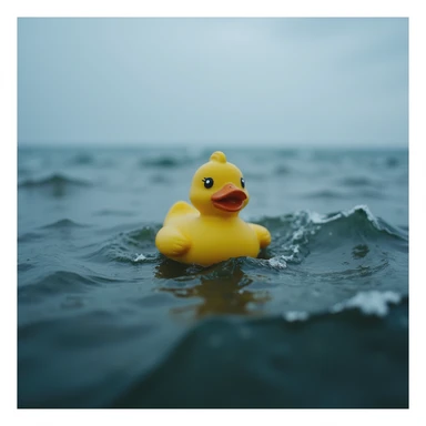  Cinematic still, Extreme Closeup shot of Yellow duck toy on ocean during cloudy day, stormy sea, Camera from top, inspired by interstellar sticker