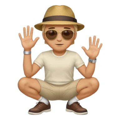 A man squatting down and holdig his hand flat a bit above the ground sticker