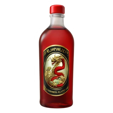 clear bottle of rumpleminze peppermint alcohol with a black and red label that has a gold dragon on the label sticker