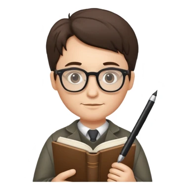 writer holding pen and book, wearing glasses sticker