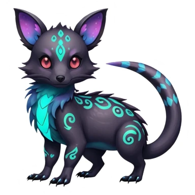 Rare neon iridescent white exotic cute epic aesthetic gothic colorful Salandit-Eevee-Civet-species-Fakemon-hybrid-creature, with intricate tattoo markings, full body sticker