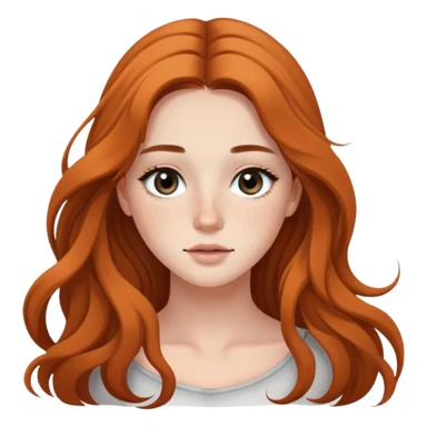 young woman with flowing long hair, dark black eyes, natural makeup, and cute freckles sticker