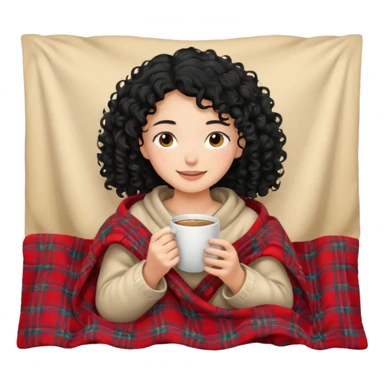 girl with black curly hair inside a blanket sipping coffee eyes closed sticker