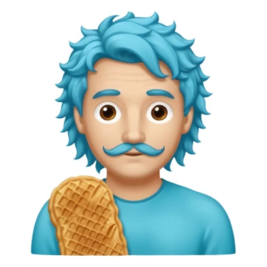 Crée un homme sirène avec une queue bleu turquoise et des long cheveux bouclé chatin en train de manger une gaufre  sticker