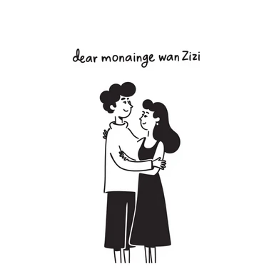 person hugging girlfriend, with text 'dear monainge wan Zizi' sticker