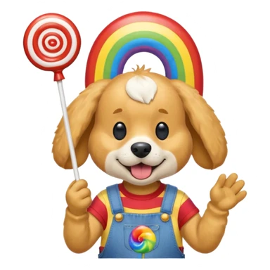 Generate a emoji of a dog with a comically large rainbow swirly lollipop with a goofy silly propeller hat, make the dog wear a striped bright yellow, red, and blue shirt with jean overalls sticker