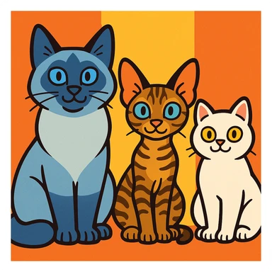 three cartoon cats side by side: left is a large blue point Birman male with blue eyes, center is a petite brown tabby Devon Rex female with pale blue eyes, right is a small white British Shorthair female with yellow eyes, in a playful cartoon style sticker