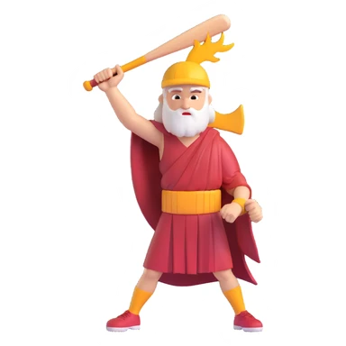 a supernatural baseball god, bat raised to the sky, lightning striking, wearing a toga and jersey sticker