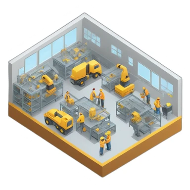 isometric square transparent solid outline border containing indoor factory people actively working sticker