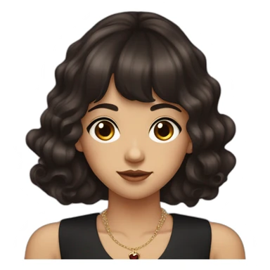 young woman with long dark red brown hair that is wavy with bangs parted to the sides and dark brown eyes. She wears a sleeveless black flapper dress with a cross necklace sticker