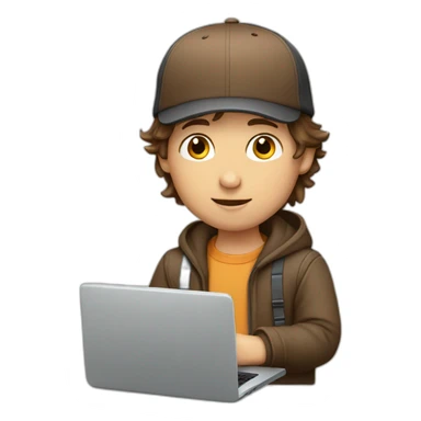 Boy with brown hair and cap with laptop sticker