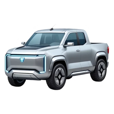 A futuristic electric pickup truck emoji, silver chrome body, angular cyber design, smooth metallic panels, subtle reflections, minimalistic proportions, iOS emoji style, centered composition, clean white background, soft lighting sticker