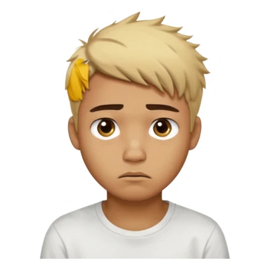 caramel skin color. Teen age. Short buzz, messy blonde hair, dark brown bushy eyebrows large expressive golden-brown eyes, brown skin color, scar over nose, wearing a plain white t-shirt. Disappointed thinking facial expression. caramel skin color. 20 year old male. sticker