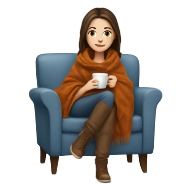 Brunette white girl covered in blanket autumn vibe sitting on a cozy chair holding coffee sticker