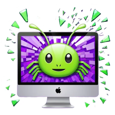 Broken computer screen with poxelated bugs. Color scheme is purple and limegreen sticker