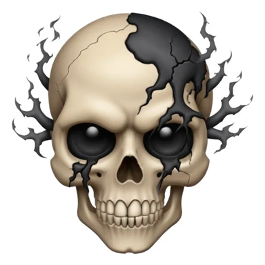iOS style emoji, dark fantasy skull, cracks, black smoke from eyes, soft light, stylized sticker