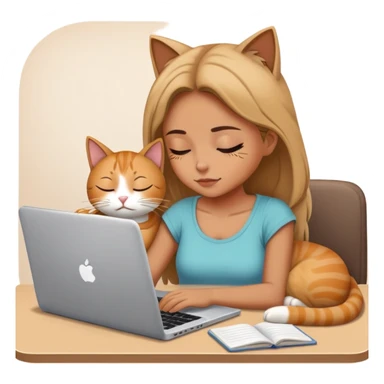 A girl is working hard in front of her laptop, and a cat is sleeping next to it sticker