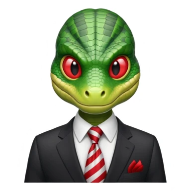A green reptilian humanoid dressing a suit, striped red and white tie, human emoji style, his face is seriously, his eyes is similar to real viper snake eye sticker