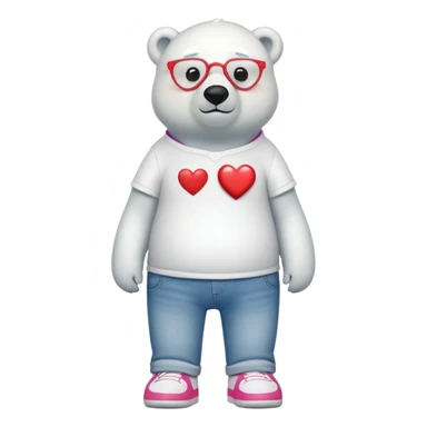 friendly anthropomorphised polar bear standing upright, looking chilled and unbothered, wearing a shirt, jeans, trainers, heart-shaped colorful glasses sticker